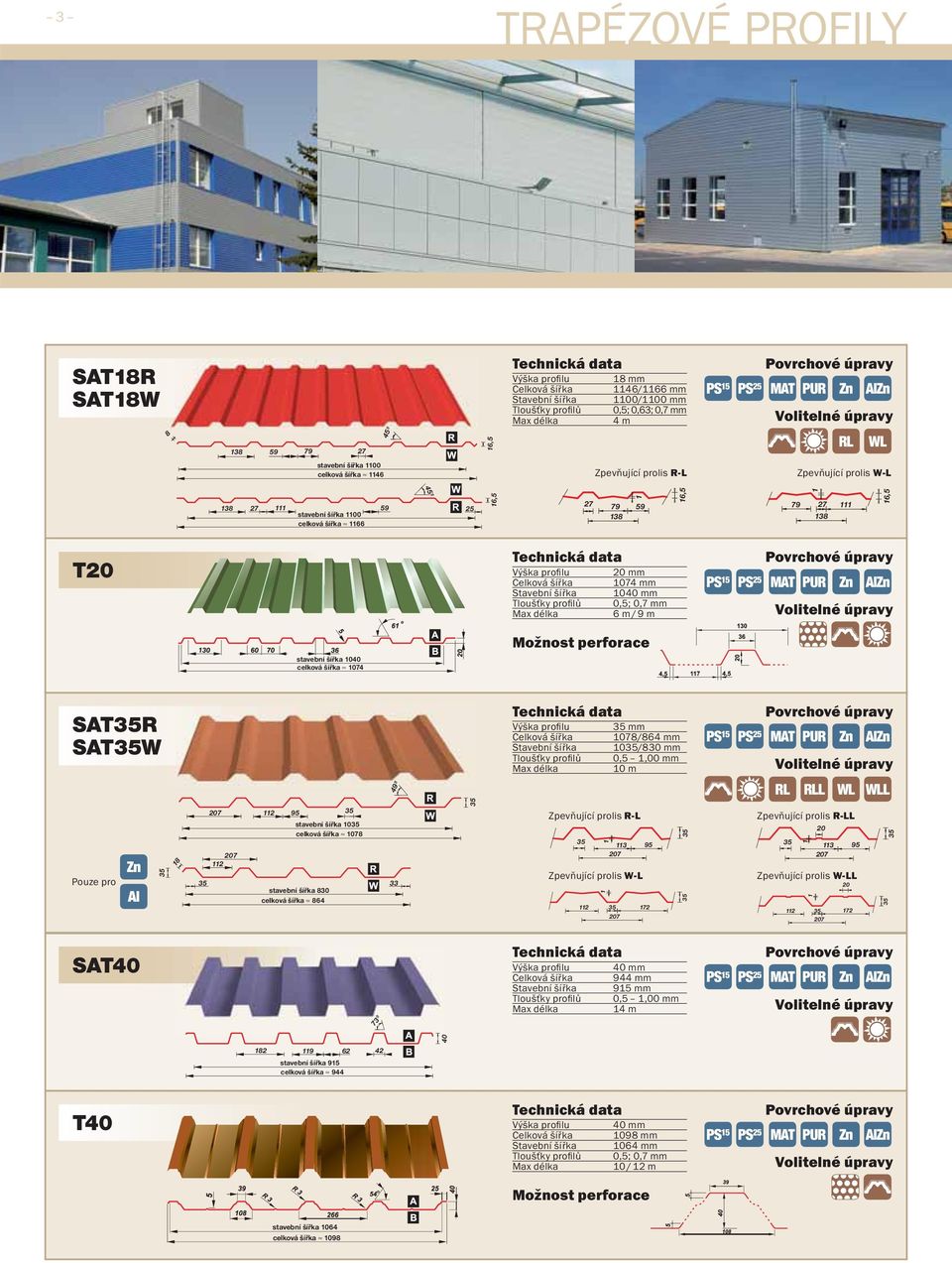 Stavební šířka 1040 Tloušťky profi lů 0,5; 0,7 6 m / 9 m stavební šířka 1040 celková šířka 1074 SATR SATW Výška profi lu Celková šířka Stavební šířka Tloušťky profi lů 1078/864 10/830 0,5 1,00 10 m