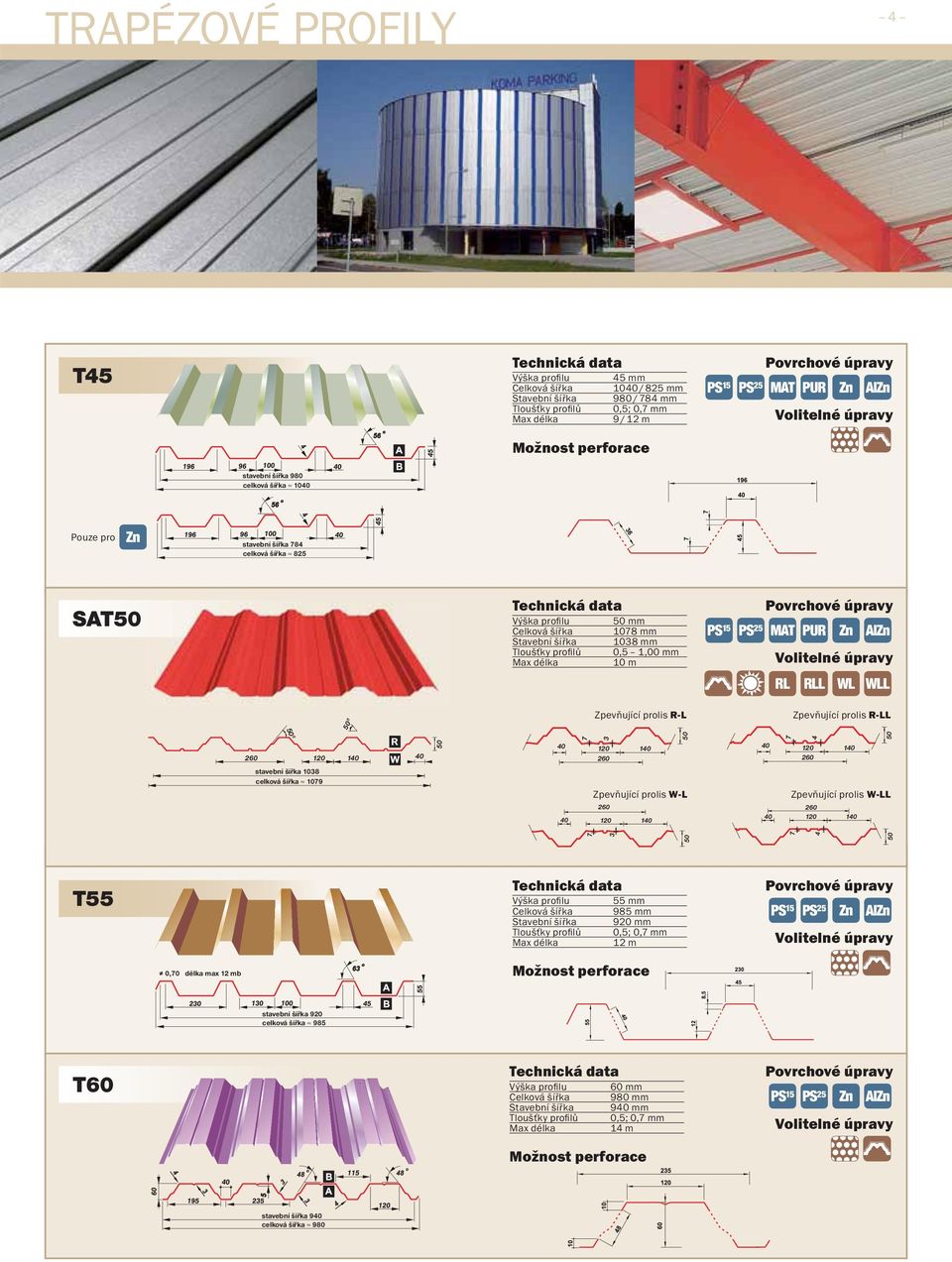 40 120 140 260 stavební šířka 1038 celková šířka 1079 7 3 50 Zpevňující prolis W-L 260 40 120 140 7 3 50 7 4 50 40 120 140 260 Zpevňující prolis W-LL 260 40 120 140 7 4 50 T55 Výška profi lu 55