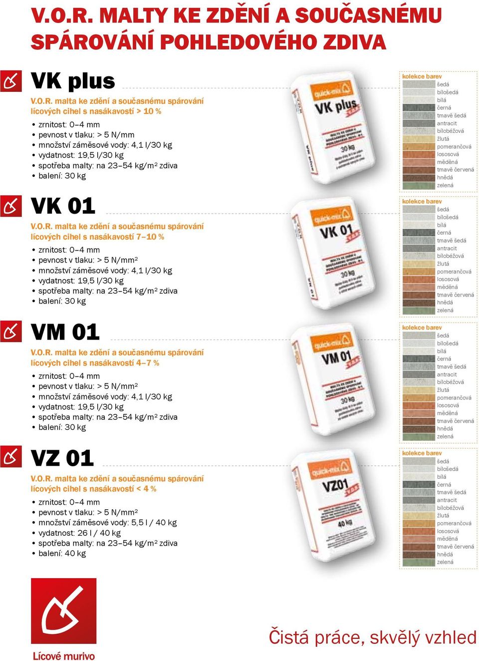 vody: 4,1 l/30 kg vydatnost: 19,5 l/30 kg spotřeba malty: na 23 54 kg/m² zdiva balení: 30 kg VK 01  malta ke zdění a současnému spárování lícových cihel s nasákavostí 7 10 % zrnitost: 0 4 mm pevnost