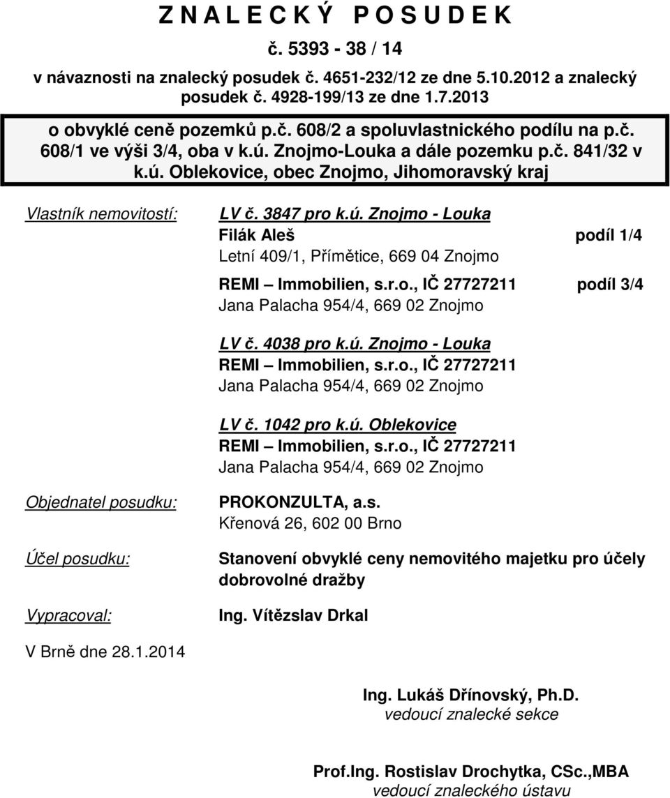 r.o., IČ 27727211 podíl 3/4 Jana Palacha 954/4, 669 02 Znojmo LV č. 4038 pro k.ú. Znojmo - Louka REMI Immobilien, s.r.o., IČ 27727211 Jana Palacha 954/4, 669 02 Znojmo LV č. 1042 pro k.ú. Oblekovice REMI Immobilien, s.