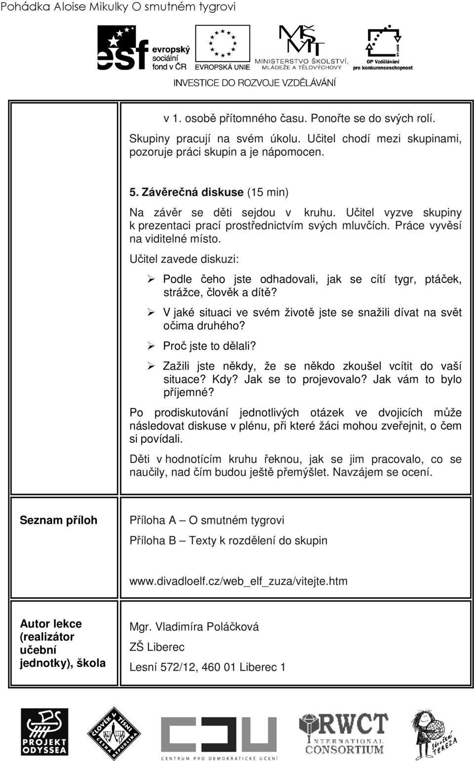 Učitel zavede diskuzi: Podle čeho jste odhadovali, jak se cítí tygr, ptáček, strážce, člověk a dítě? V jaké situaci ve svém životě jste se snažili dívat na svět očima druhého? Proč jste to dělali?