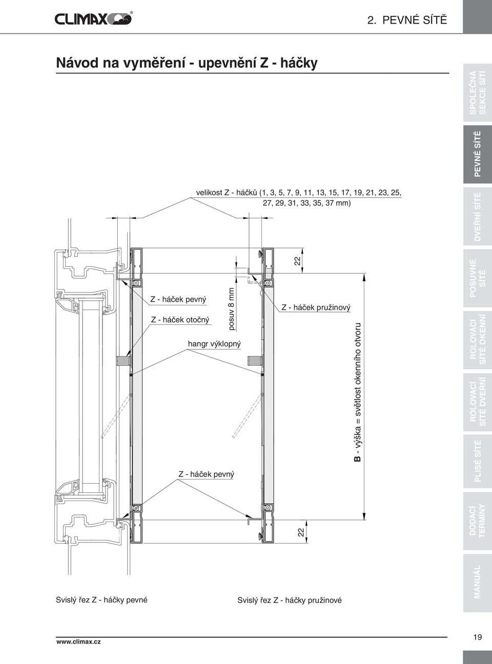 otočný B - = světlost okeního otvoru posuv 8 mm hangr výklopný hangr výklopný Z - háček pevný 22 Z - háček