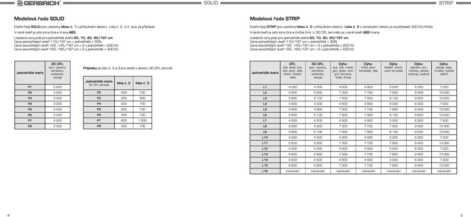 U 3D CPL laminátu je v ceně dveří ABS hrana. 3D lyon, cassino, bardolino, authentic, wenge P1 2 200 P2 3 200 P3 3 400 P4 3 200 P5 3 400 P6 3 400 P7 4 200 P8 3 400 Příplatky za lištu č.