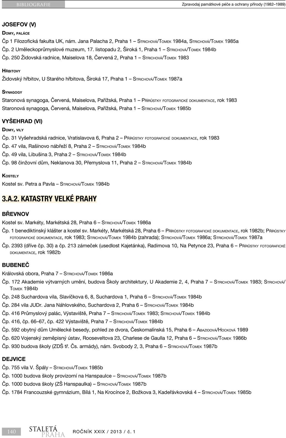 250 Židovská radnice, Maiselova 18, Červená 2, Praha 1 Strichová/Tomek 1983 Hřbitovy Židovský hřbitov, U Starého hřbitova, Široká 17, Praha 1 Strichová/Tomek 1987a Synagogy Staronová synagoga,