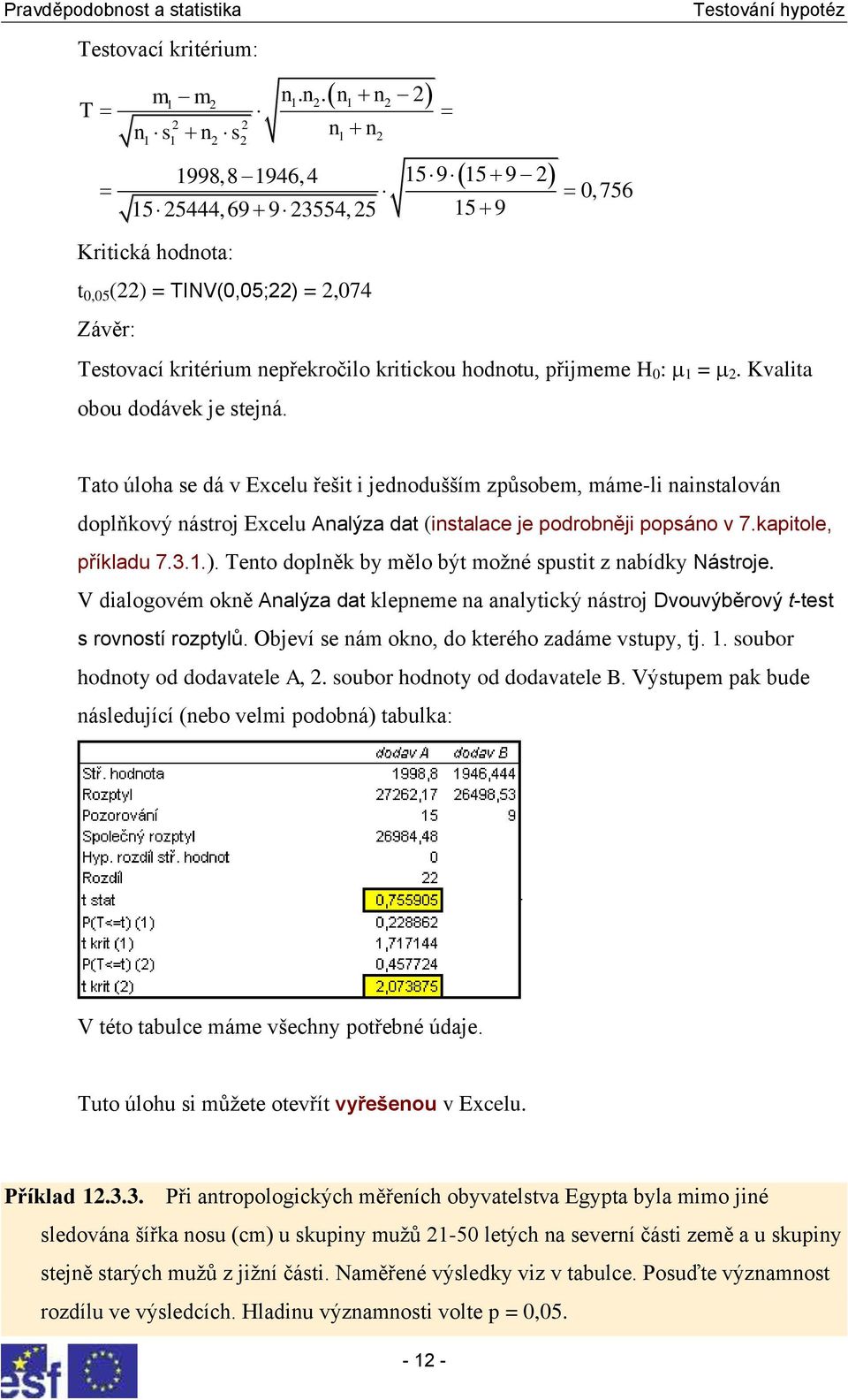 kapitole, příkladu 7.3.1.). Tento doplněk by mělo být možné spustit z nabídky Nástroje. V dialogovém okně Analýza dat klepneme na analytický nástroj Dvouvýběrový t-test s rovností rozptylů.