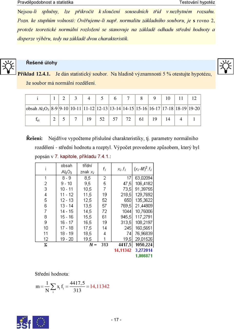 Řešené úlohy Příklad 1.4.1. Je dán statistický soubor. Na hladině významnosti 5 % otestujte hypotézu, že soubor má normální rozdělení.