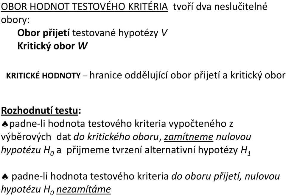 testového krtera vypočteého z výběrových dat do krtckého oboru, zamíteme ulovou hypotézu H 0 a