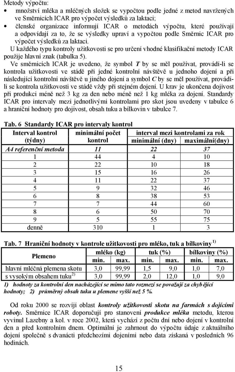 U každého typu kontroly užitkovosti se pro určení vhodné klasifikační metody ICAR použije hlavní znak (tabulka 5).