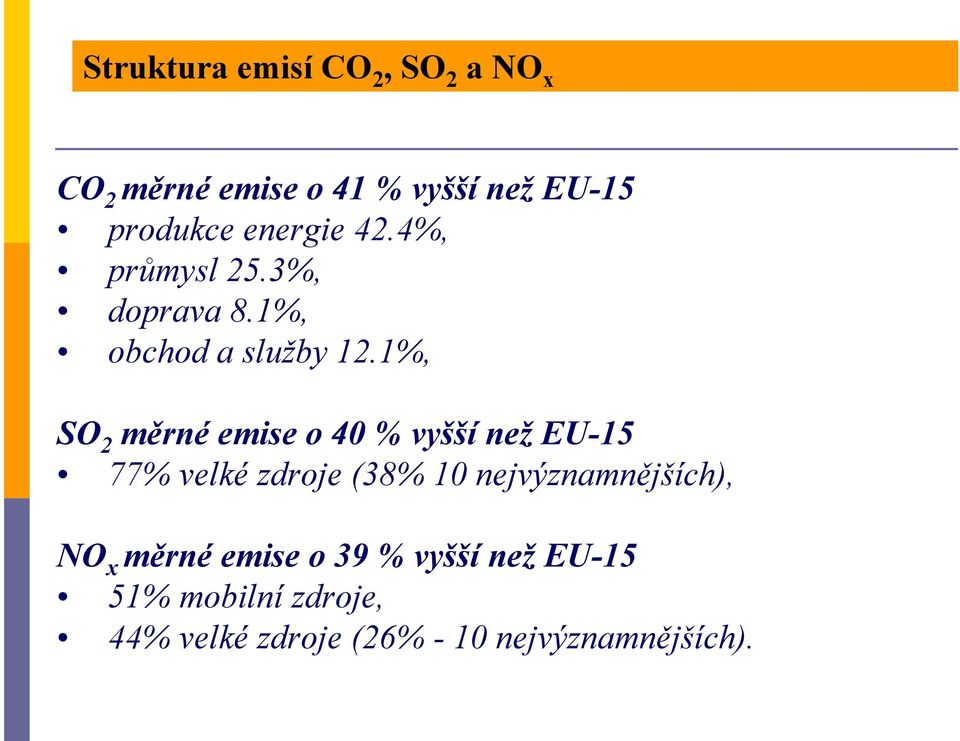 1%, SO 2 měrné emise o 4 % vyšší než EU-15 77% velké zdroje (38% 1