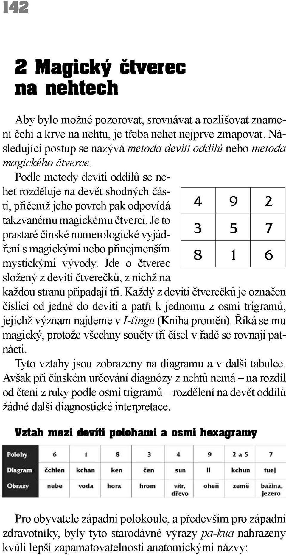 Podle metody devíti oddílů se nehet rozděluje na devět shodných částí, přičemž jeho povrch pak odpovídá takzvanému magickému čtverci.