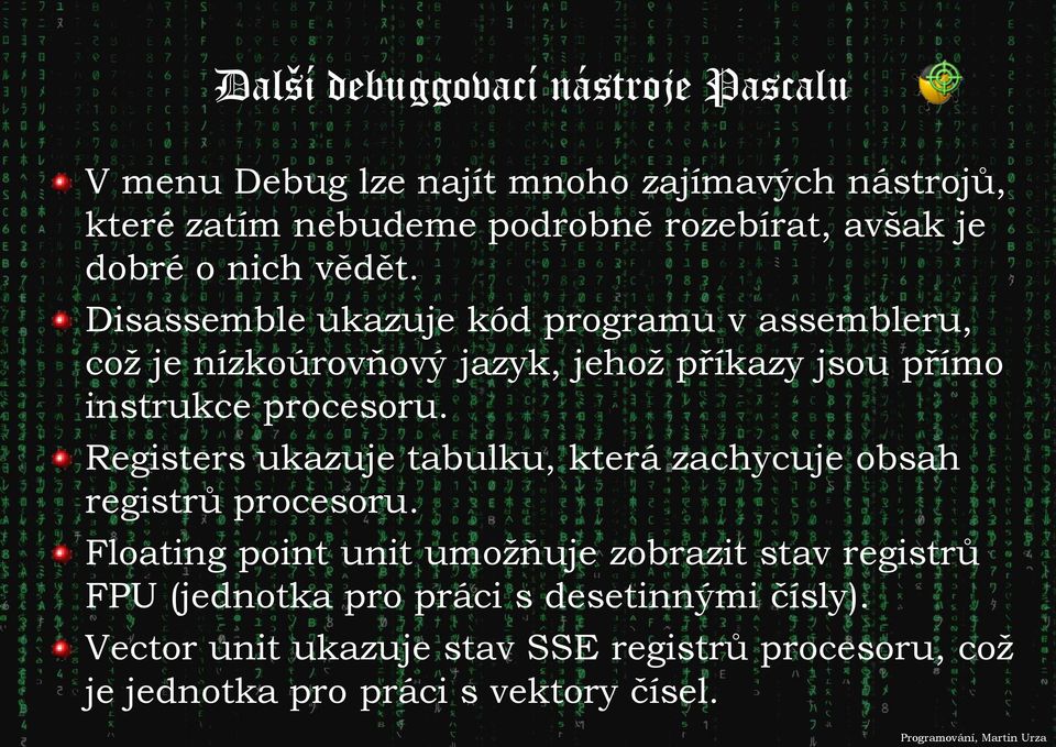 Disassemble ukazuje kód programu v assembleru, což je nízkoúrovňový jazyk, jehož příkazy jsou přímo instrukce procesoru.