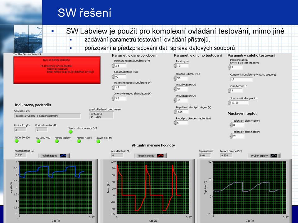 parametrů testování, ovládání přístrojů,