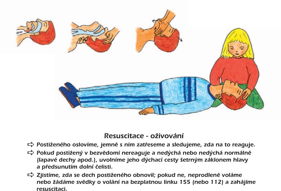 ), uvolníme jeho dýchací cesty šetrným záklonem hlavy a předsunutím dolní čelisti.