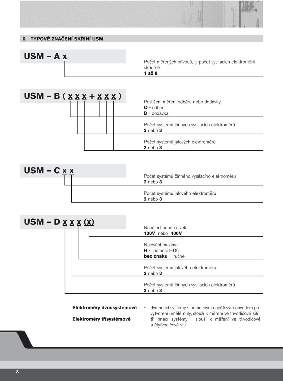 jalových elektroměrů 2 nebo 3 USM C x x Počet systémů činného vysílacího elektroměru 2 nebo 3 Počet systémů jalového elektroměru 2 nebo 3 USM D x x x (x) Napájecí napětí cívek 100V nebo 400V Nulování
