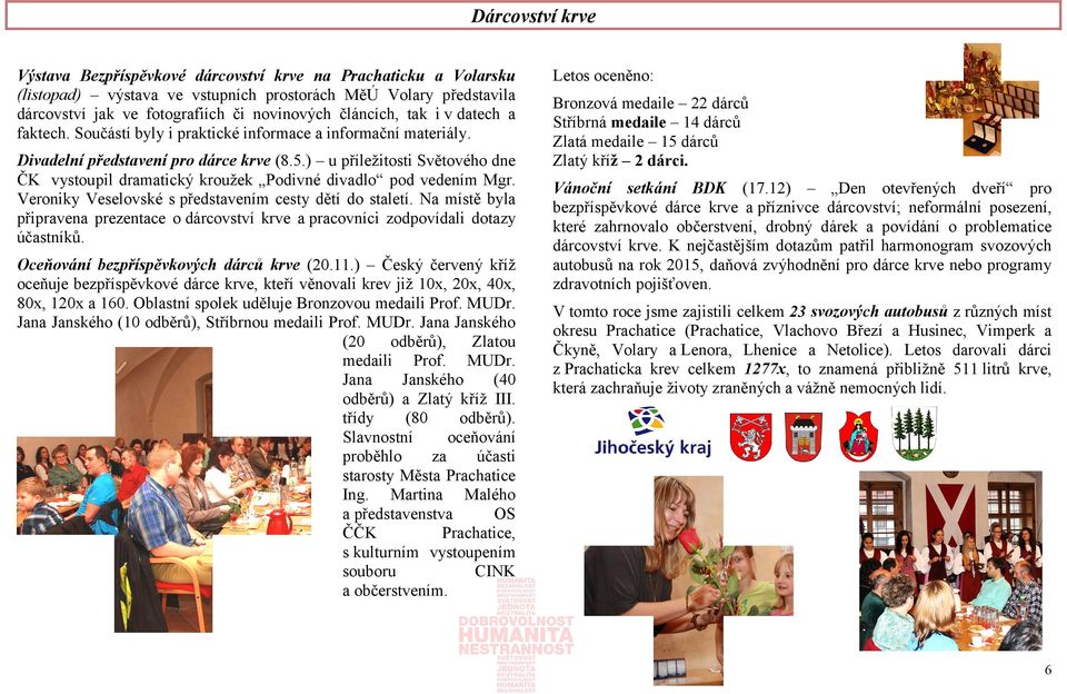 ) u příležitosti Světového dne ČK vystoupil dramatický kroužek Podivné divadlo pod vedením Mgr. Veroniky Veselovské s představením cesty dětí do staletí.