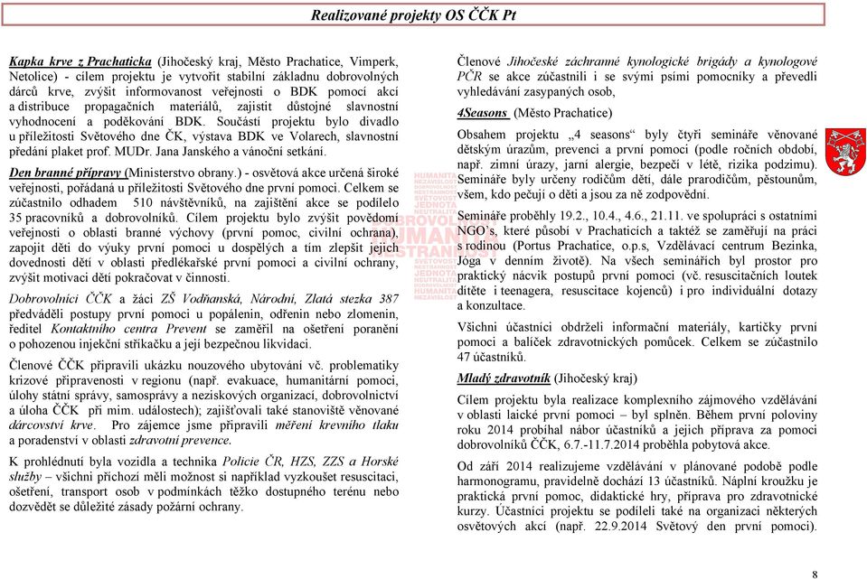 Součástí projektu bylo divadlo u příležitosti Světového dne ČK, výstava BDK ve Volarech, slavnostní předání plaket prof. MUDr. Jana Janského a vánoční setkání.