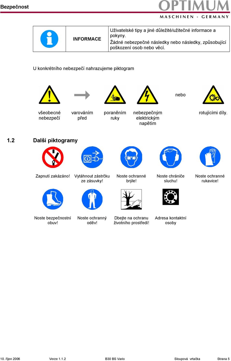 U konkrétního nebezpečí nahrazujeme piktogram nebo všeobecné nebezpečí varováním před poraněním ruky nebezpečným elektrickým napětím rotujícími díly. 1.