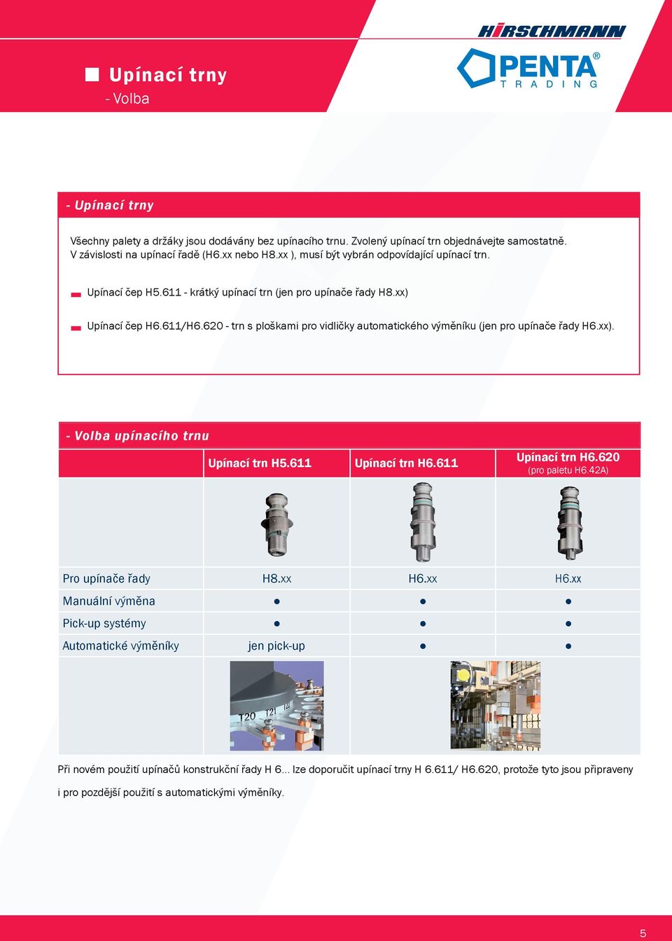 620 - trn s ploškami pro vidličky automatického výměníku (jen pro upínače řady H6.xx). - Volba upínacího trnu Upínací trn H5.611 Upínací trn H6.611 Upínací trn H6.620 (pro paletu H6.