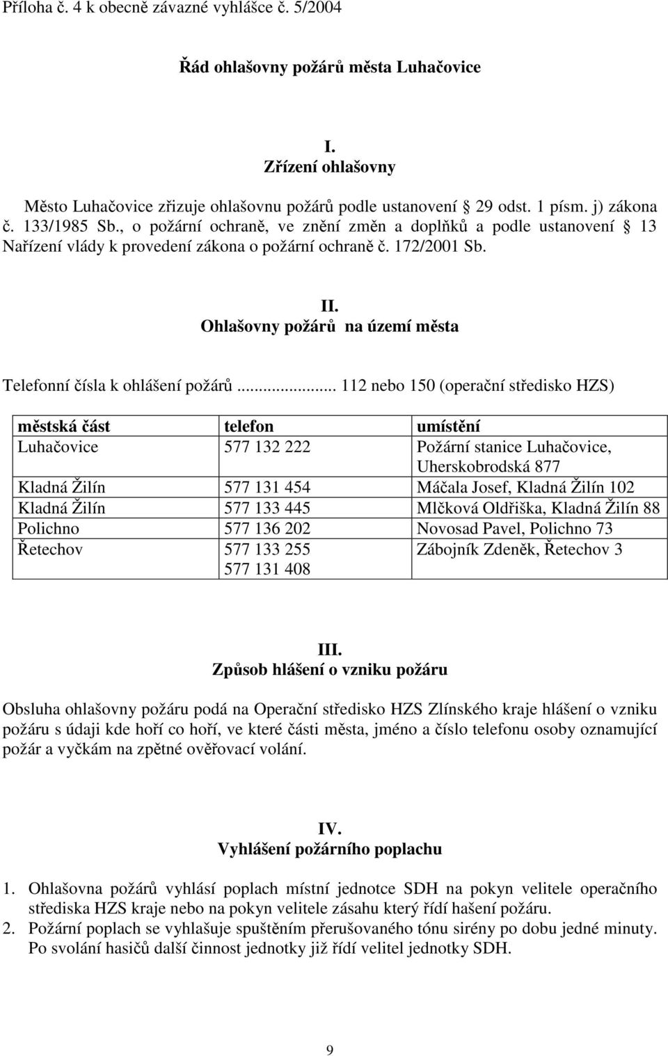 .. 112 nebo 150 (operaní stedisko HZS) mstská ást telefon umístní 577 132 222 Požární stanice, Uherskobrodská 877 Kladná Žilín 577 131 454 Máala Josef, Kladná Žilín 102 Kladná Žilín 577 133 445