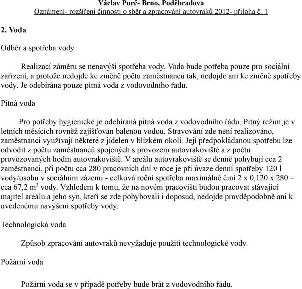 Pitná voda Pro potřeby hygienické je odebíraná pitná voda z vodovodního řádu. Pitný režim je v letních měsících rovněž zajišťován balenou vodou.