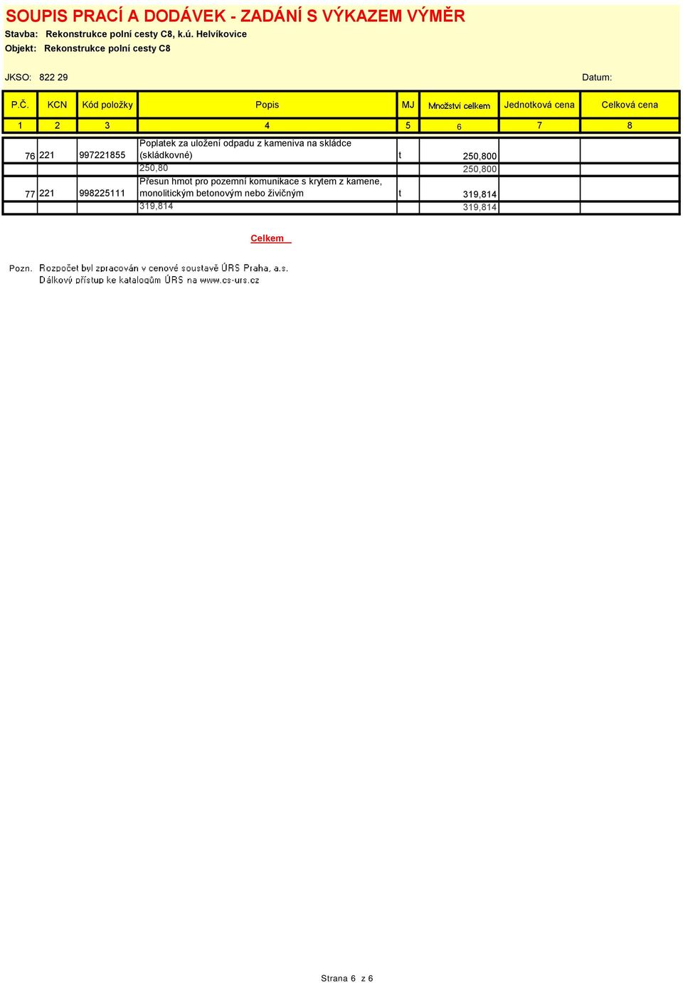 KCN Kód položky Popis MJ Jednotková cena Celková cena 1 2 3 4 5 6 7 8 76 221 997221855 77 221 998225111 Poplatek za uložení