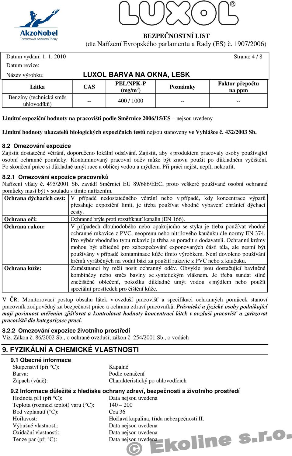 2006/15/ES nejsou uvedeny Limitní hodnoty ukazatelů biologických expozičních testů nejsou stanoveny ve Vyhlášce č. 432/2003 Sb. 8.