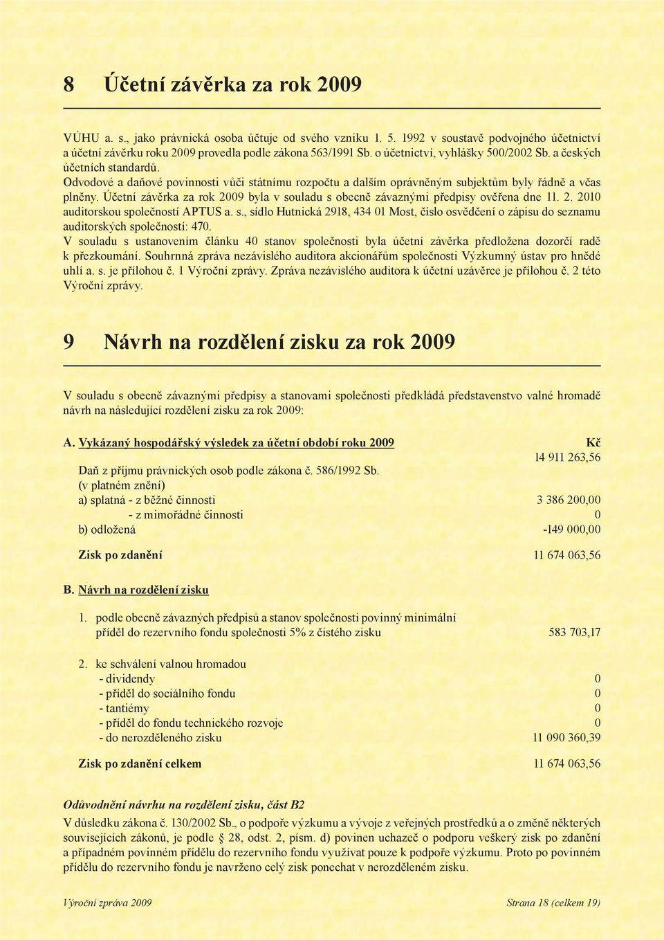 Účetní závěrka za rok 2009 byla v souladu s obecně závaznými předpisy ověřena dne 11. 2. 2010 auditorskou společností APTUS a. s., sídlo Hutnická 2918, 434 01 Most, číslo osvědčení o zápisu do seznamu auditorských společností: 470.