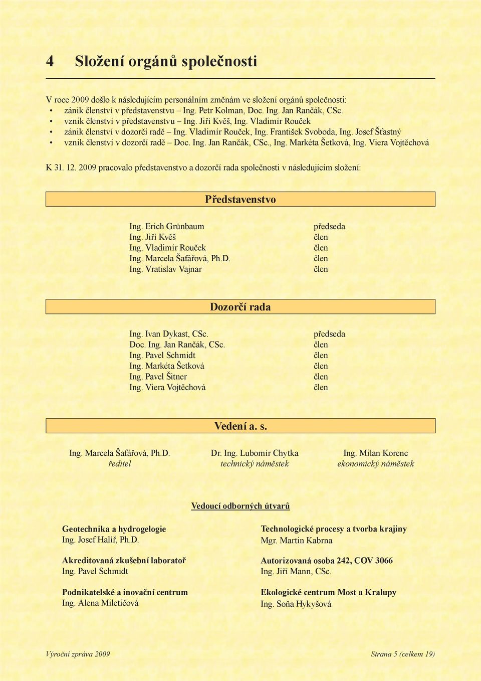 Ing. Jan Rančák, CSc., Ing. Markéta Šetková, Ing. Viera Vojtěchová K 31. 12. 2009 pracovalo představenstvo a dozorčí rada společnosti v následujícím složení: Představenstvo Ing. Erich Grünbaum Ing.