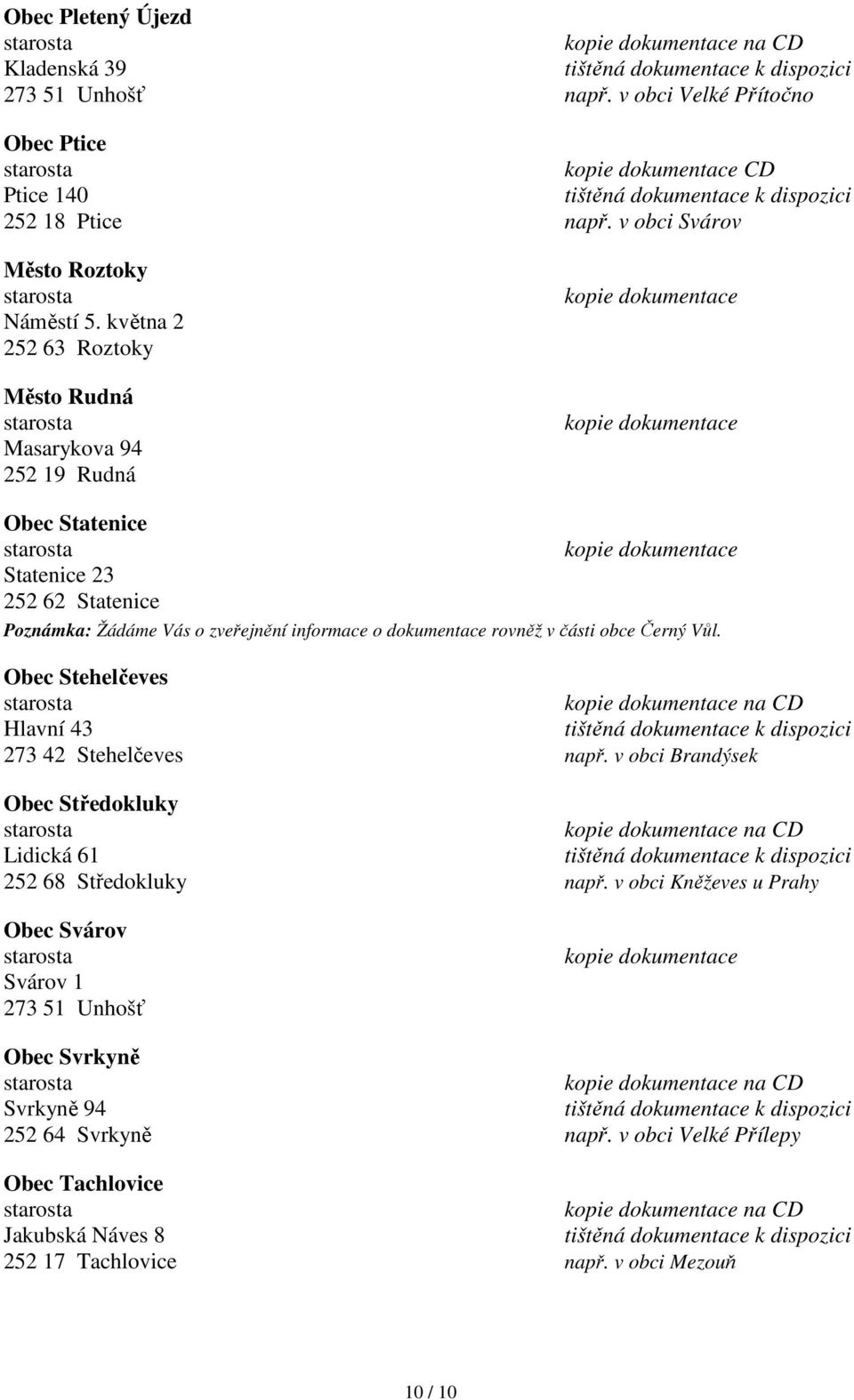 části obce Černý Vůl. Obec Stehelčeves na CD Hlavní 43 273 42 Stehelčeves např. v obci Brandýsek Obec Středokluky na CD Lidická 61 252 68 Středokluky např.