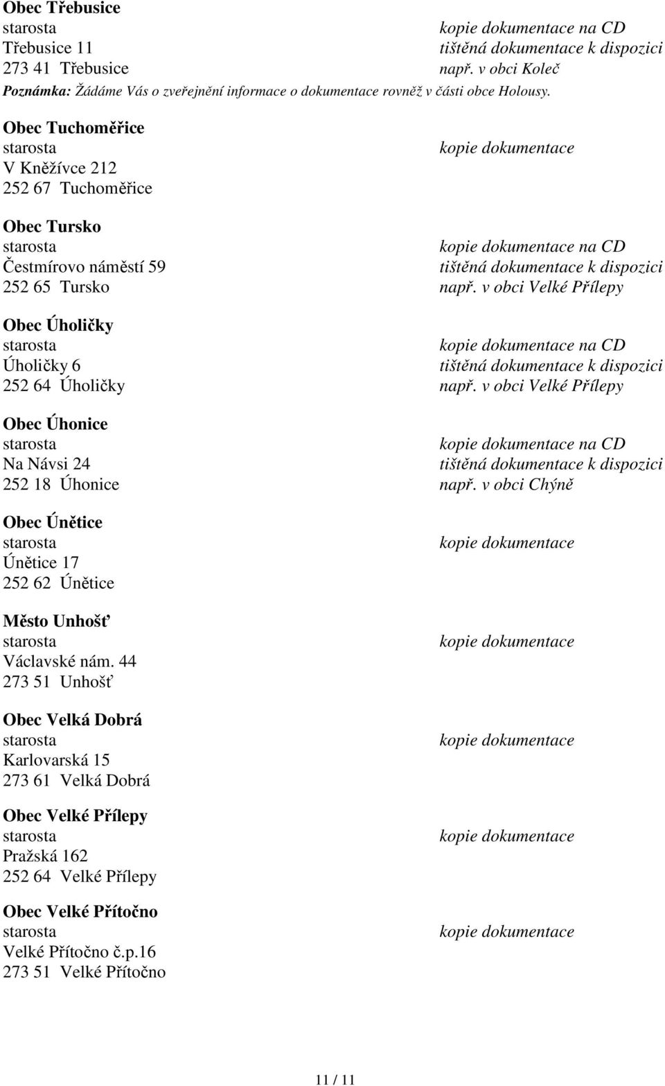v obci Velké Přílepy Obec Úholičky na CD Úholičky 6 252 64 Úholičky např. v obci Velké Přílepy Obec Úhonice na CD Na Návsi 24 252 18 Úhonice např.