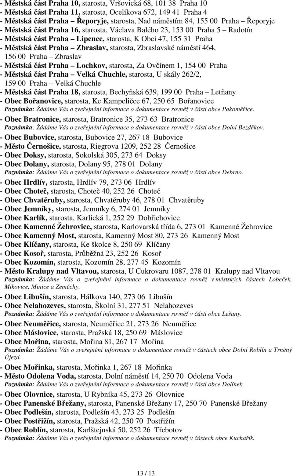 část Praha Lochkov,, Za Ovčínem 1, 154 00 Praha - Městská část Praha Velká Chuchle,, U skály 262/2, 159 00 Praha Velká Chuchle - Městská část Praha 18,, Bechyňská 639, 199 00 Praha Letňany - Obec