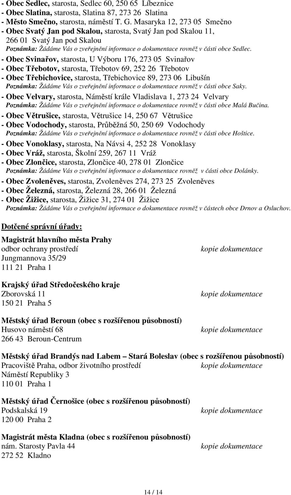 - Obec Svinařov,, U Výboru 176, 273 05 Svinařov - Obec Třebotov,, Třebotov 69, 252 26 Třebotov - Obec Třebichovice,, Třebichovice 89, 273 06 Libušín Poznámka: Žádáme Vás o zveřejnění informace o