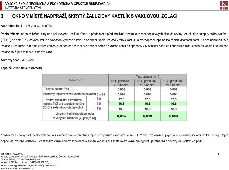 Zavěšní žaluzie a osazení výrazně eliminuje oslabení tepelní izolace v místě kastlíku a pro zlepšení tepelně izolačních vlastností detailu je doplněna vakuová izolace.