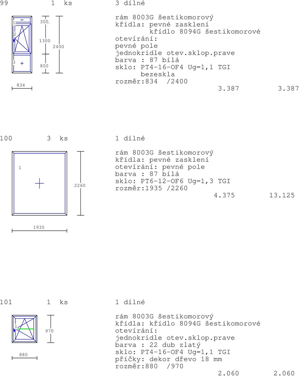387 00 3 ks dílné 2260 pevné pole sklo: PT6-2-OF6 Ug=,3 TGI rozměr:935 /2260 4.375 3.