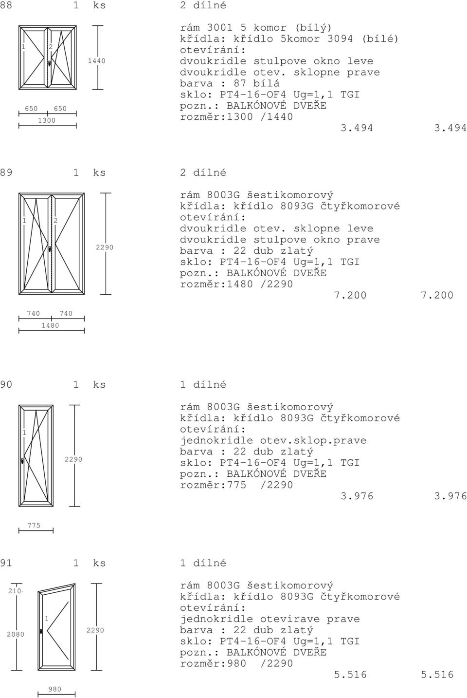 sklopne leve dvoukridle stulpove okno prave sklo: PT4-6-OF4 Ug=, TGI rozměr:480 /2290 7.200 7.
