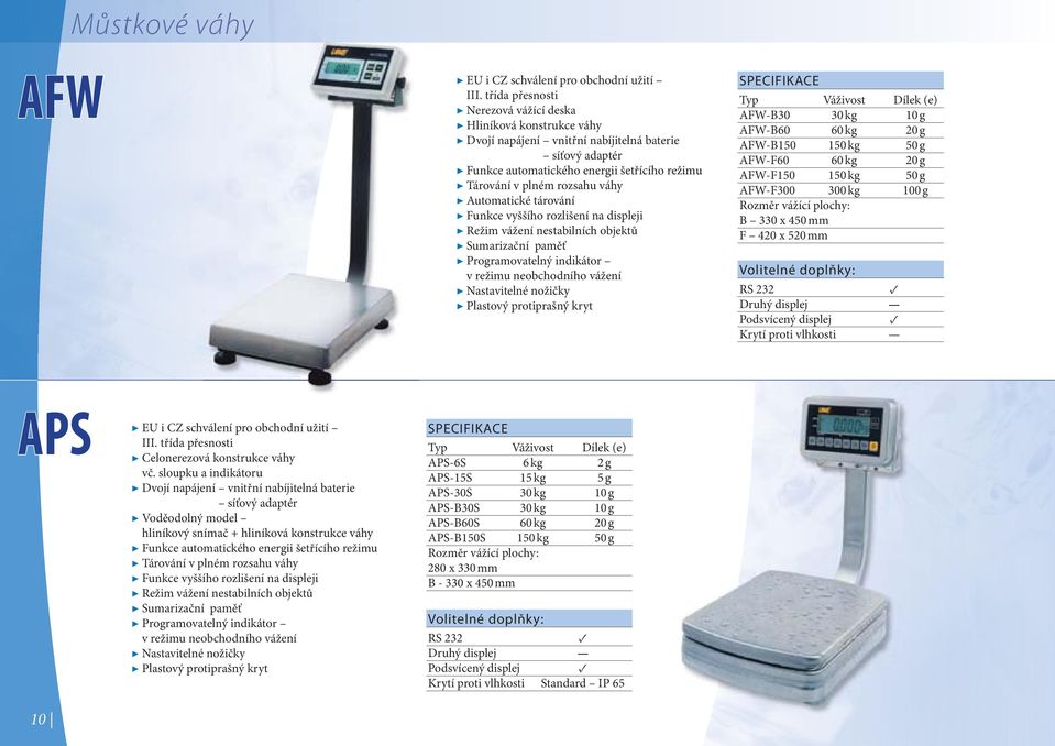 AFW-B60 60 kg 20 g AFW-B150 150 kg 50 g AFW-F60 60 kg 20 g AFW-F150 150 kg 50 g AFW-F300 300 kg 100 g Rozměr vážící plochy: B 330 x 450 mm F 420 x 520 mm APS 10 III.