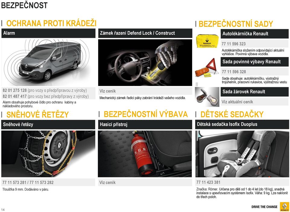 Sada povinné výbavy Renault 77 11 596 328 Sada obsahuje: autolékárničku, výstražný trojúhelník, pracovní rukavice, výstražnou vestu 82 01 275 128 (pro vozy s předpřípravou z výroby) 82 01 487 417