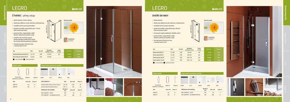 vedle boční stěny lze umístit další koupelnové zařízení) LEGRO_ctvrtkruh_zavrena síla skel pevných částí je 8 mm, v otočné části 6 mm skla rozměry Sprchové dveře otočné 90 L/P GL1190 870-885 600 10