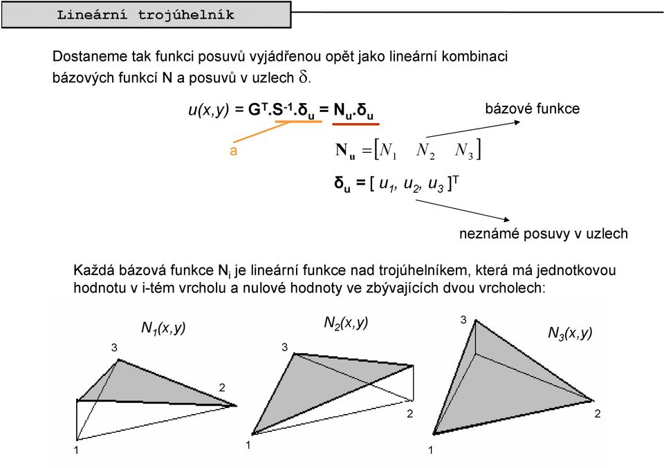 δ u bázové funkce a N u = [ N N ] 1 2 N 3 δ u = [ u 1, u 2, u 3 ] T neznámé posuvy v uzlech Každá bázová