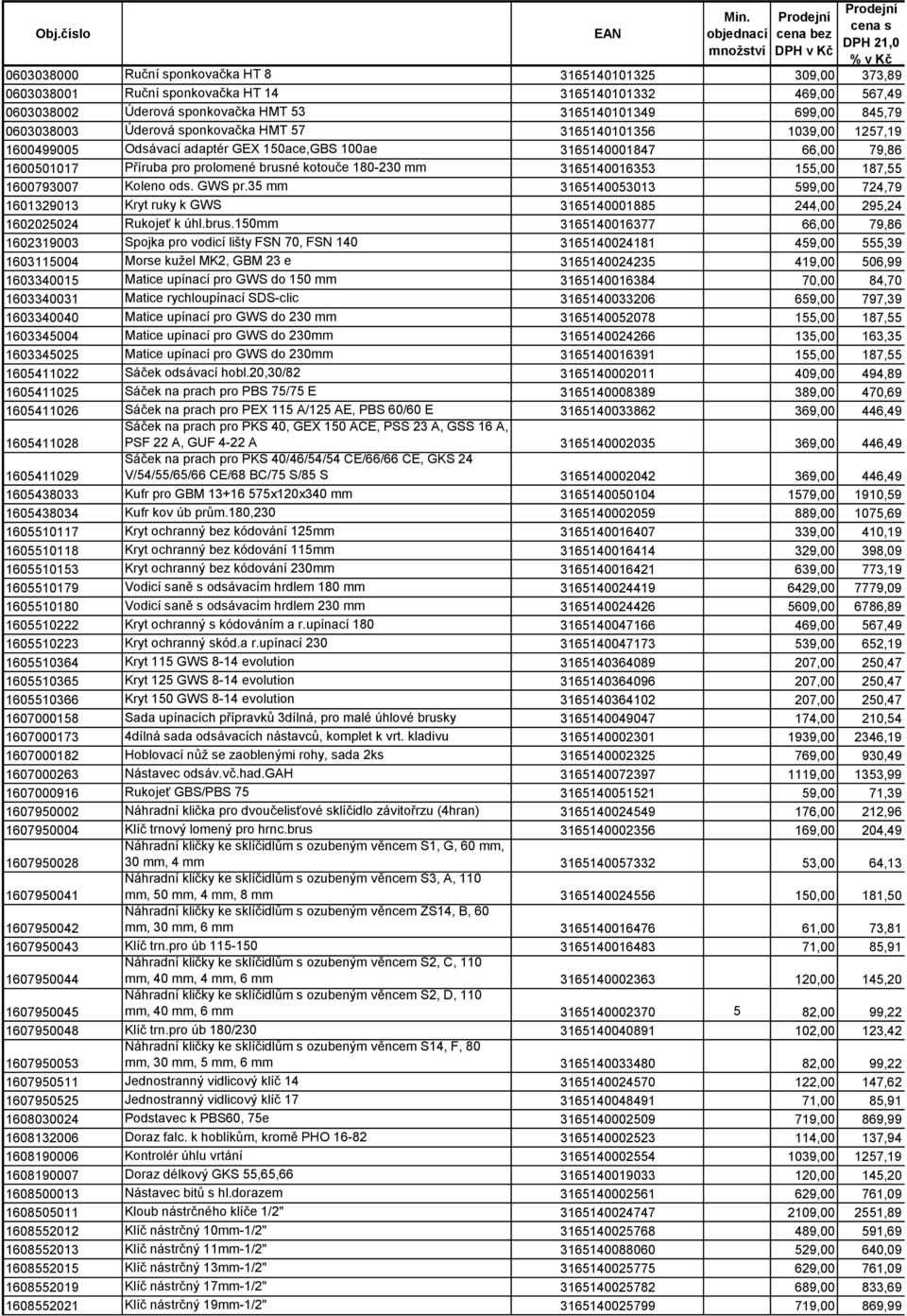 567,49 0603038002 Úderová sponkovačka HMT 53 3165140101349 699,00 845,79 0603038003 Úderová sponkovačka HMT 57 3165140101356 1039,00 1257,19 1600499005 Odsávací adaptér GEX 150ace,GBS 100ae