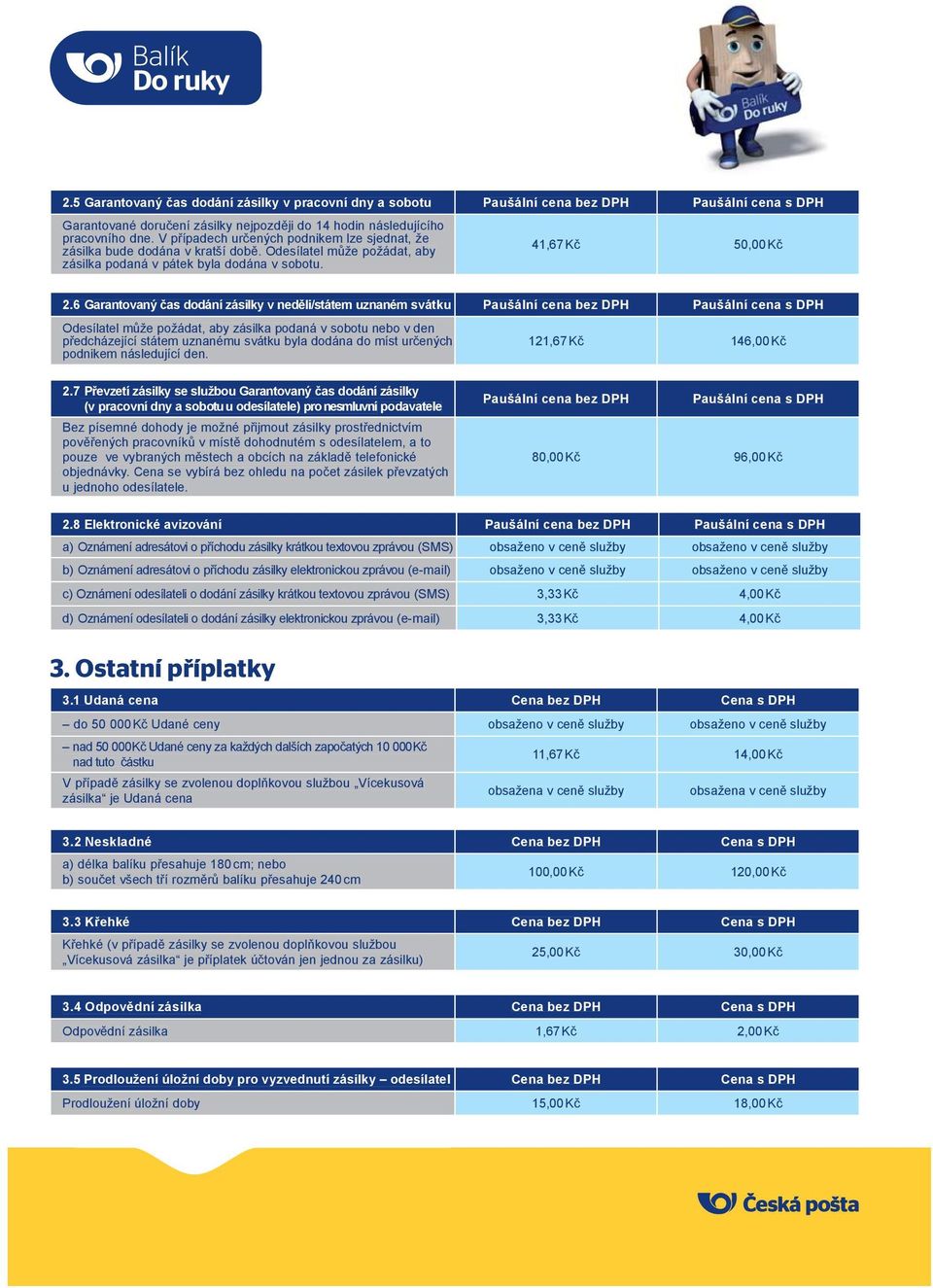 6 Garantovaný čas dodání zásilky v neděli/státem uznaném svátku Paušální cena bez DPH Paušální cena s DPH Odesílatel může požádat, aby zásilka podaná v sobotu nebo v den předcházející státem uznanému