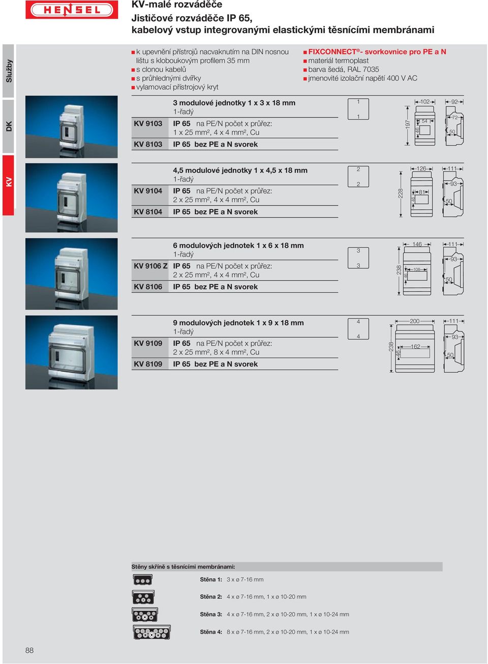 1-řadý IP 65 na PE/N počet x průřez: 1 x 25 mm², 4 x 4 mm², Cu 8103 IP 65 bez PE a N svorek 9104 8104 4,5 modulové jednotky 1 x 4,5 x 18 mm 1-řadý IP 65 na PE/N počet x průřez: 2 x 25 mm², 4 x 4 mm²,