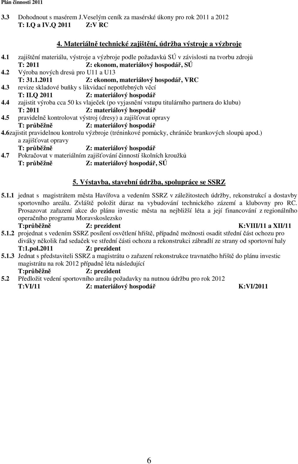 3 revize skladové buňky s likvidací nepotřebných věcí T: II.Q 2011 Z: materiálový hospodář 4.