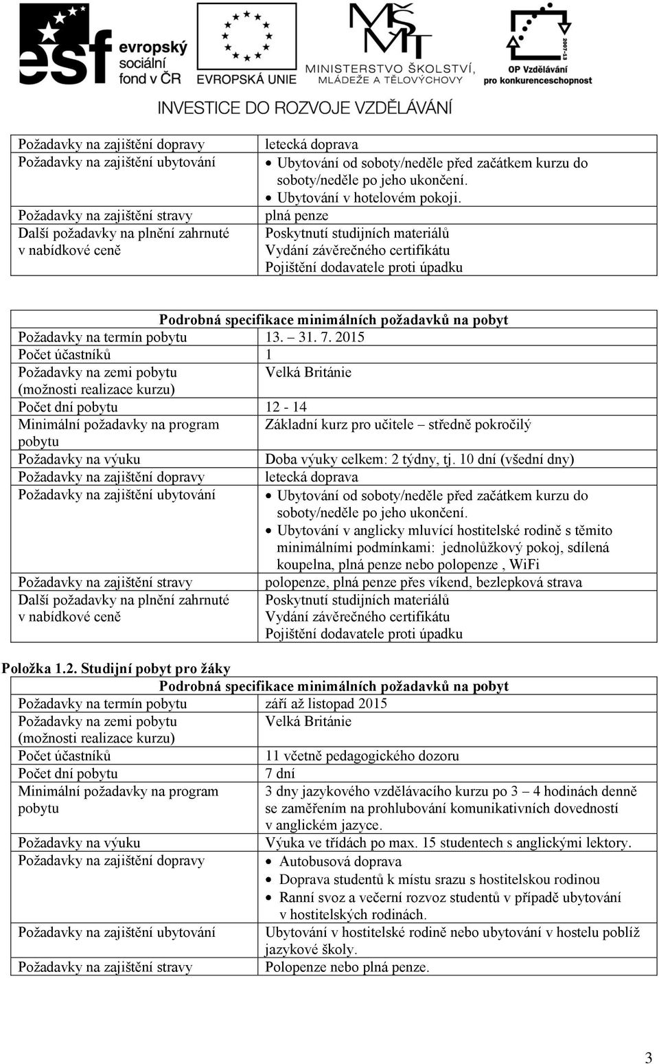 plná penze Poskytnutí studijních materiálů Vydání závěrečného certifikátu Pojištění dodavatele proti úpadku Podrobná specifikace minimálních požadavků na pobyt Požadavky na termín 13. 31. 7.