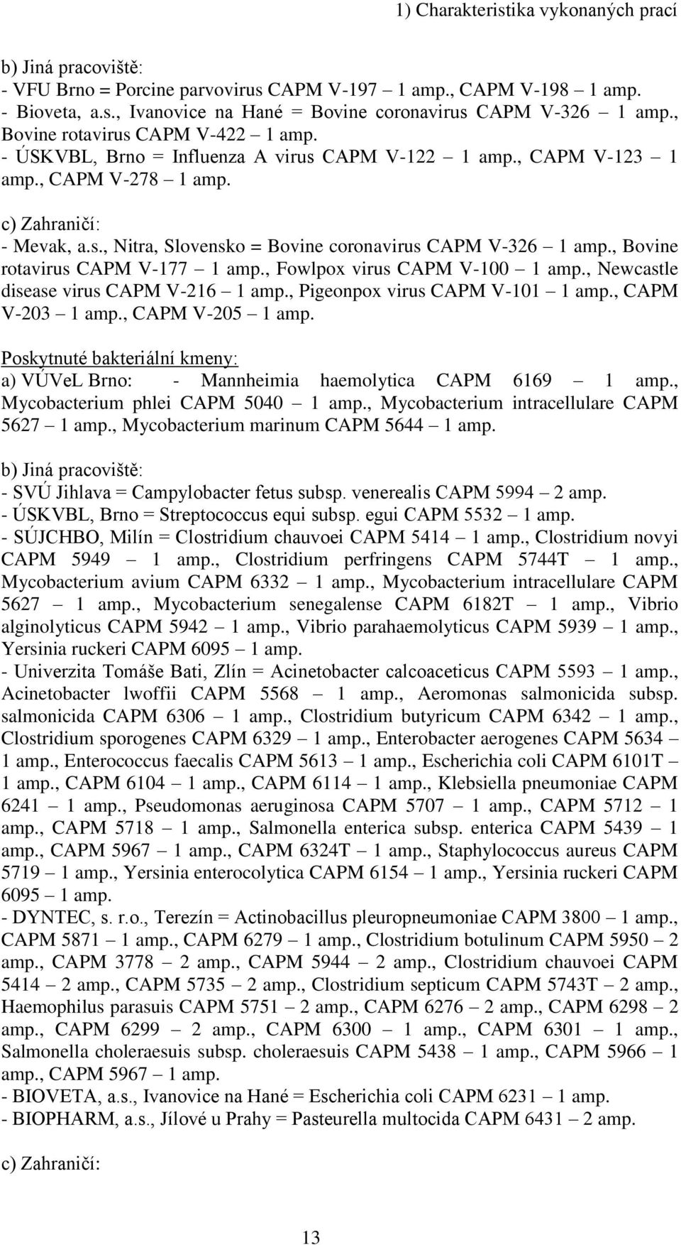 , Bovine rotavirus CAPM V-177 1 amp., Fowlpox virus CAPM V-100 1 amp., Newcastle disease virus CAPM V-216 1 amp., Pigeonpox virus CAPM V-101 1 amp., CAPM V-203 1 amp., CAPM V-205 1 amp.