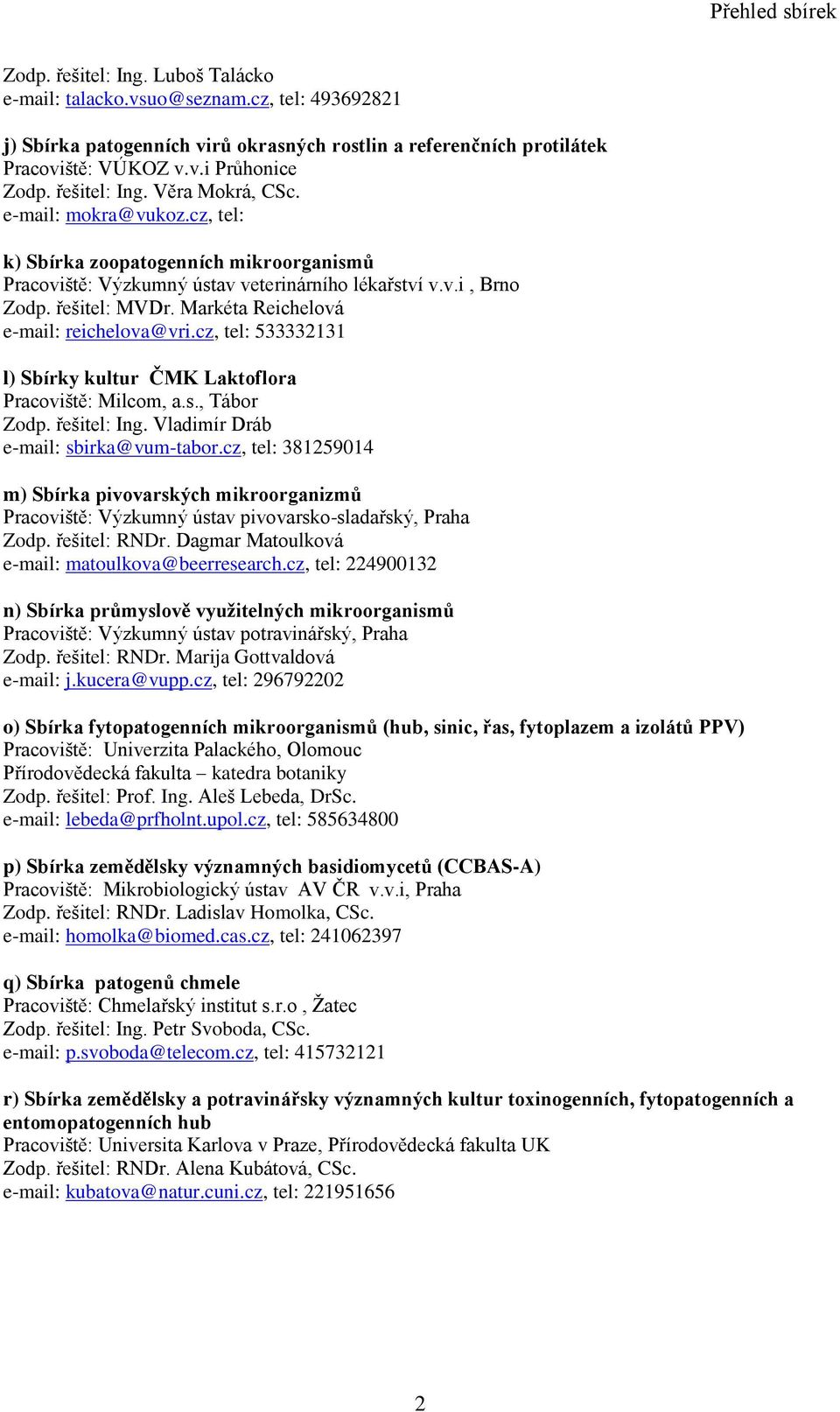 Markéta Reichelová e-mail: reichelova@vri.cz, tel: 533332131 l) Sbírky kultur ČMK Laktoflora Pracoviště: Milcom, a.s., Tábor Zodp. řešitel: Ing. Vladimír Dráb e-mail: sbirka@vum-tabor.