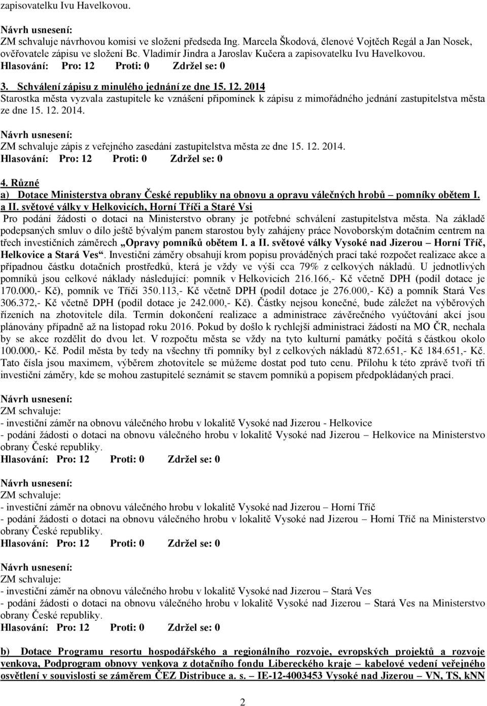 2014 Starostka města vyzvala zastupitele ke vznášení připomínek k zápisu z mimořádného jednání zastupitelstva města ze dne 15. 12. 2014.