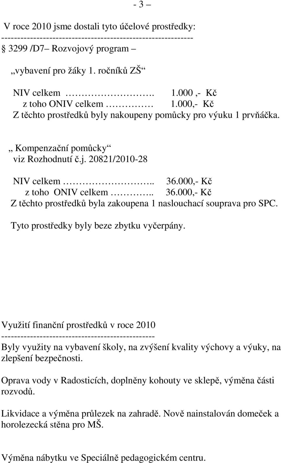 000,- Kč z toho ONIV celkem.. 36.000,- Kč Z těchto prostředků byla zakoupena 1 naslouchací souprava pro SPC. Tyto prostředky byly beze zbytku vyčerpány.