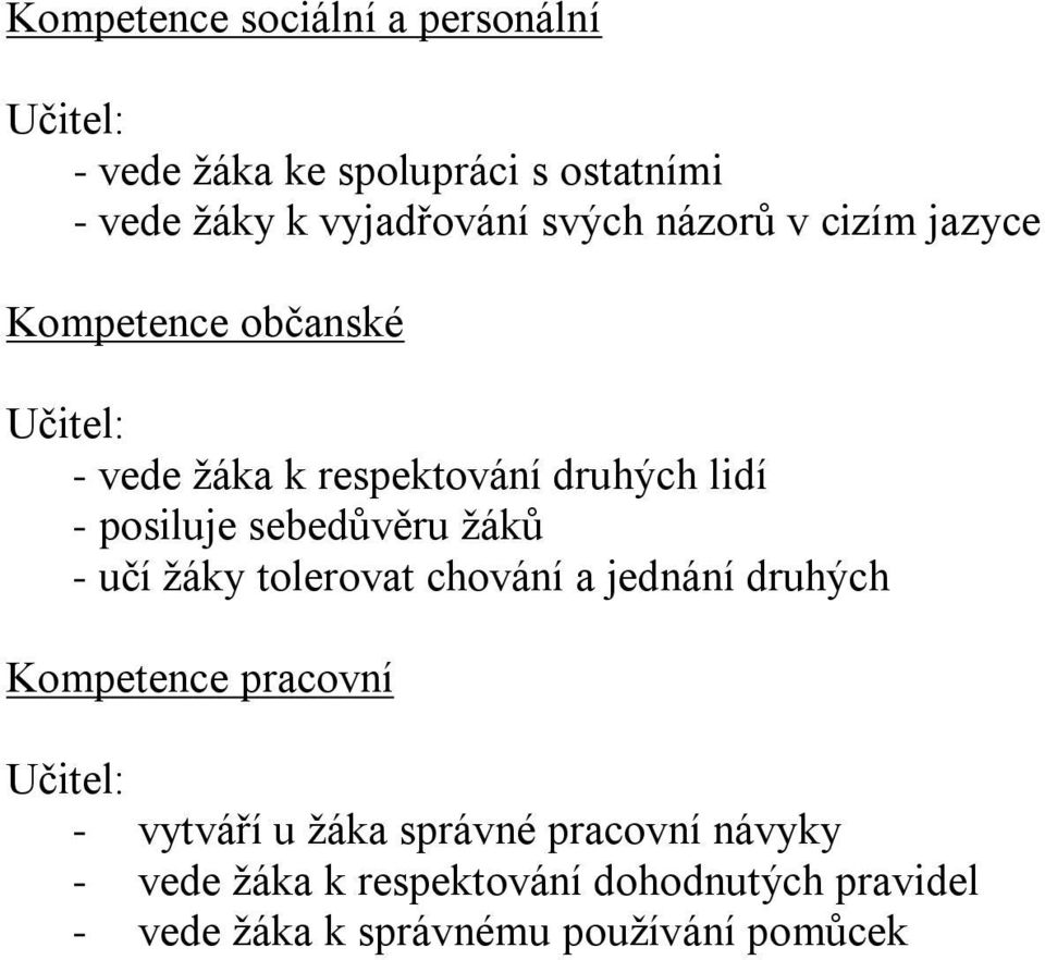 sebedůvěru žáků - učí žáky tolerovat chování a jednání druhých Kompetence pracovní - vytváří u žáka