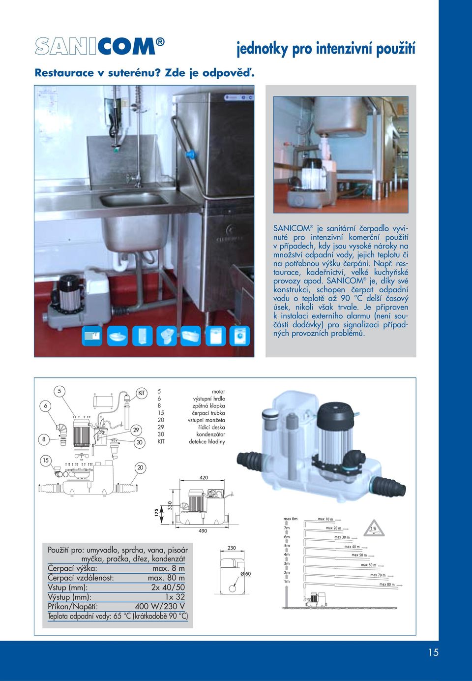 ku ãerpání. Napfi. restaurace, kadefinictví, velké kuchyàské provozy apod. SANICOM je, díky své konstrukci, schopen ãerpat odpadní vodu o teplotû aï 90 C del í ãasov úsek, nikoli v ak trvale.